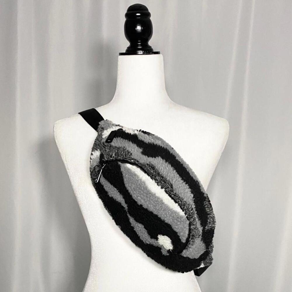 Brand New Black Grey White Zara Sheepskin Effect Banana Bag
